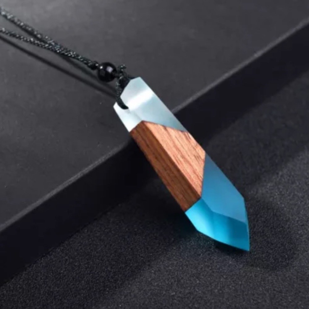 Lariat minimalist wood boho necklace blue resin